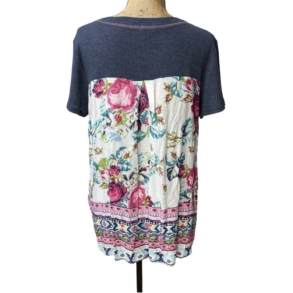 Oddy Boutique Floral Back Blouse Blue Size L Pink White Green Floral